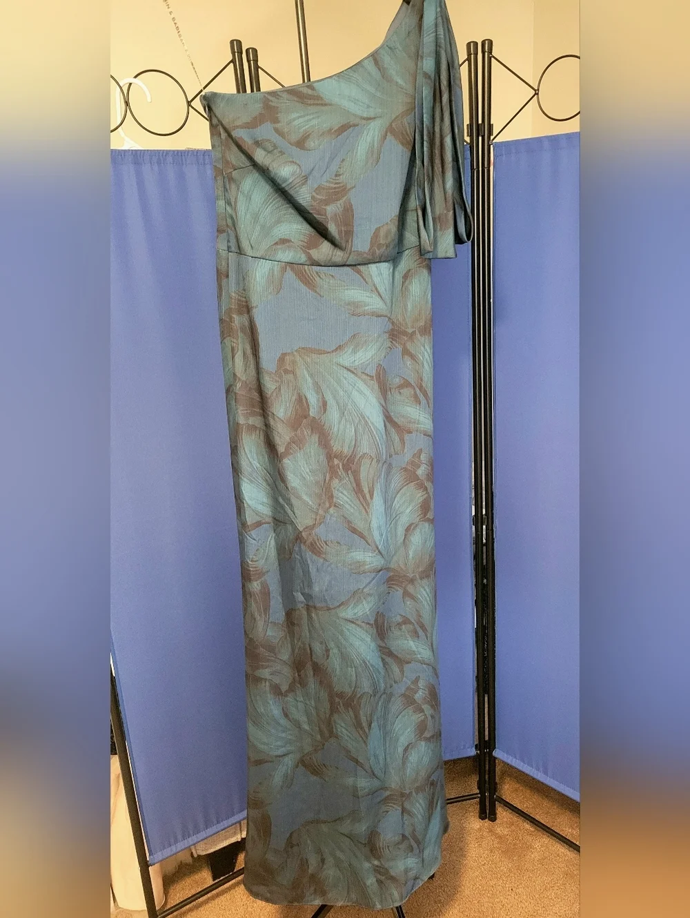 Sachin + Babi Teal and Navy One-Shoulder Floral Gown